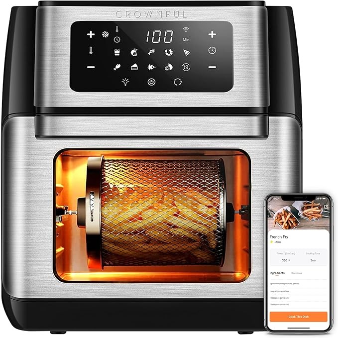 CROWNFUL Smart Air Fryer, 10.6 Quart Large WiFi Convection Toaster Oven Combo with Rotisserie & Dehydrator, Works with Alexa & Google Assistant, Accessories and Online Cookbook Included