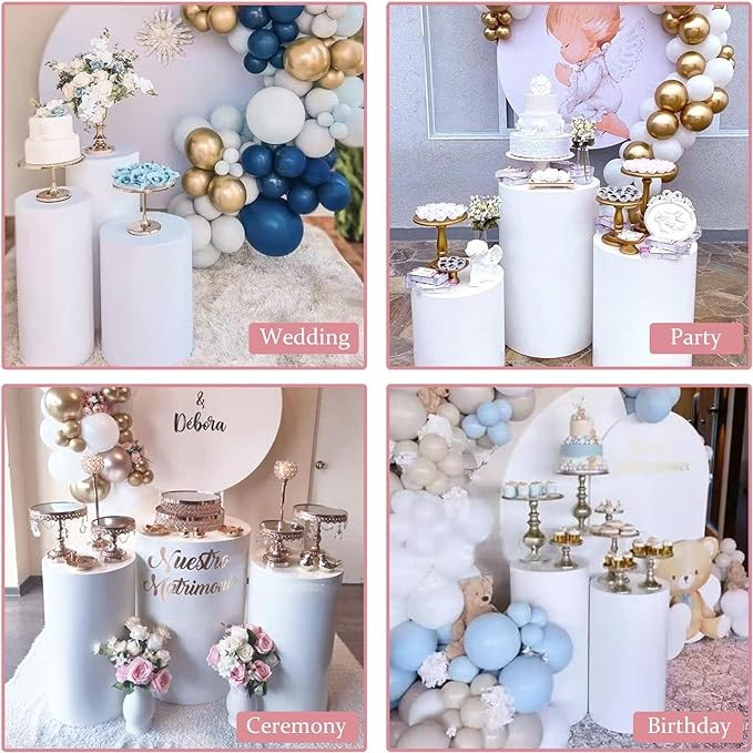 3 PCS Party Cylinder Base Stand, White Metal Round Cylinder Base Dessert Table Display Pillar for Birthday Wedding Bride Baby Shower Party Decoration (Large Size)