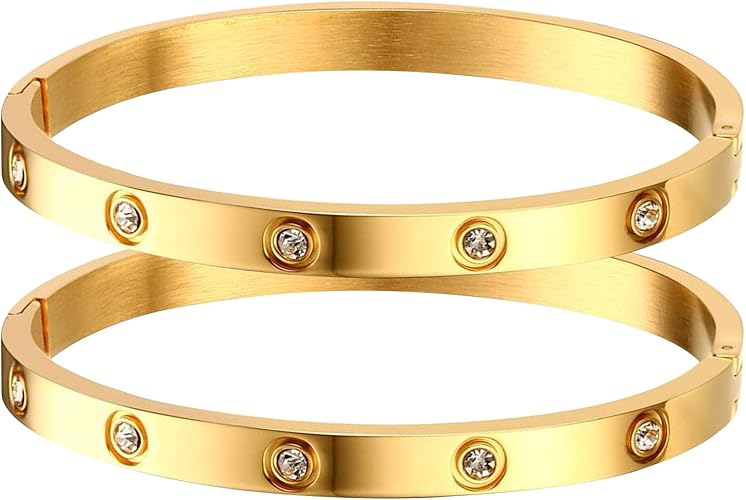 Gold Bracelets for Women - 2Pcs 18K Gold Plated Love Cubic Zirconia Bangle Crystal Friendship Bracelet