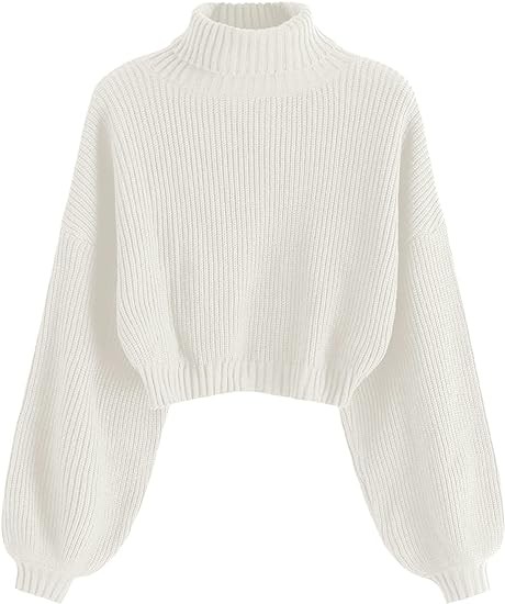 ZAFUL Women's Cropped Turtleneck Sweater Lantern Sleeve Ribbed Knit Pullover Sweater Jumper