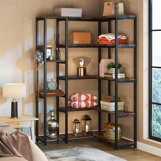 TIYASE 5 Tier Corner Bookshelf, Modern Large Corner Etagere Bookcase, 5 Tier High Corner Shelf Display Rack with Metal Frame for Living Room Home Office, Rustic Brown