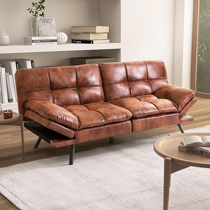 Futon Sofa Bed,Brown Futon Couch Small Lounger Sofa Foldable Loveseat with Armrests for Compact Living Spaces,Apartment,Dorm,Studio,Guest Room,Home Office