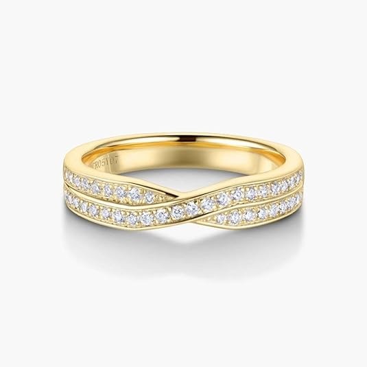 Real Diamond Rings for Women, Twisted Gold Diamond Wedding Bands for Her, 18K Gold Plated S925 Promise Diamond Rings, Yellow Gold Anniversary Rings, Half Eternity Ring Stackble Rings