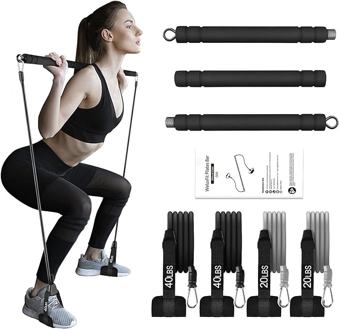 WeluvFit Pilates Bar Kit with Resistance Bands, Pilates Bar with Non-Slip Foot Belts /3-Section/Exercise Equipment for Women & Men, Home Workouts Stainless Steel Stick Squat Yoga for Full Body