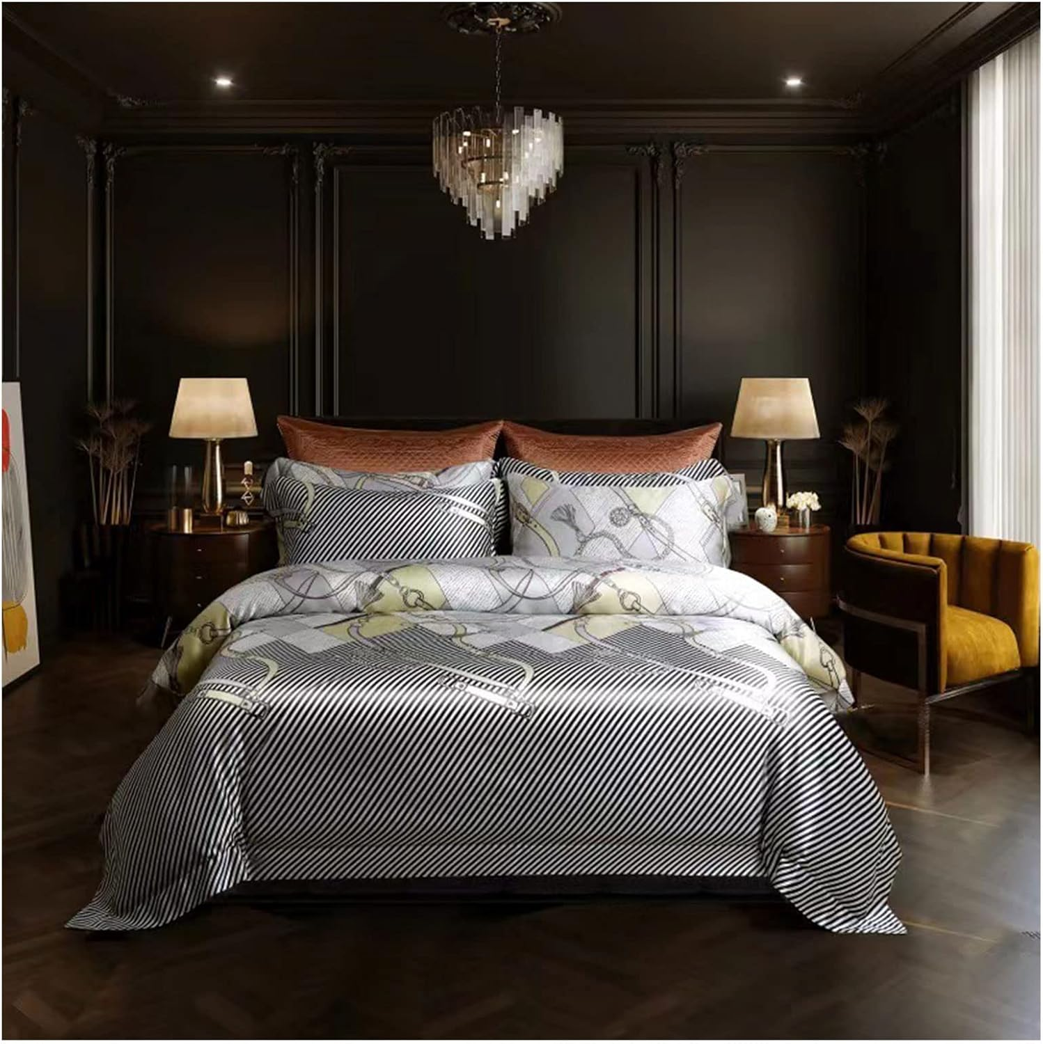 Double Sided Full Silk Four-Piece Set Digitally Printed 100% Mulberry Silk Home Silk Smooth Quilt Cover with Buttons Bedding Comfortable Fit A (A)