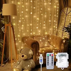 195 LED Curtain Backdrop with 8 Strings, Remote and 8 Modes - 6.6x4.9 Ft Wall Hanging Lights for Bedroom, Indoor & Outdoor Decor