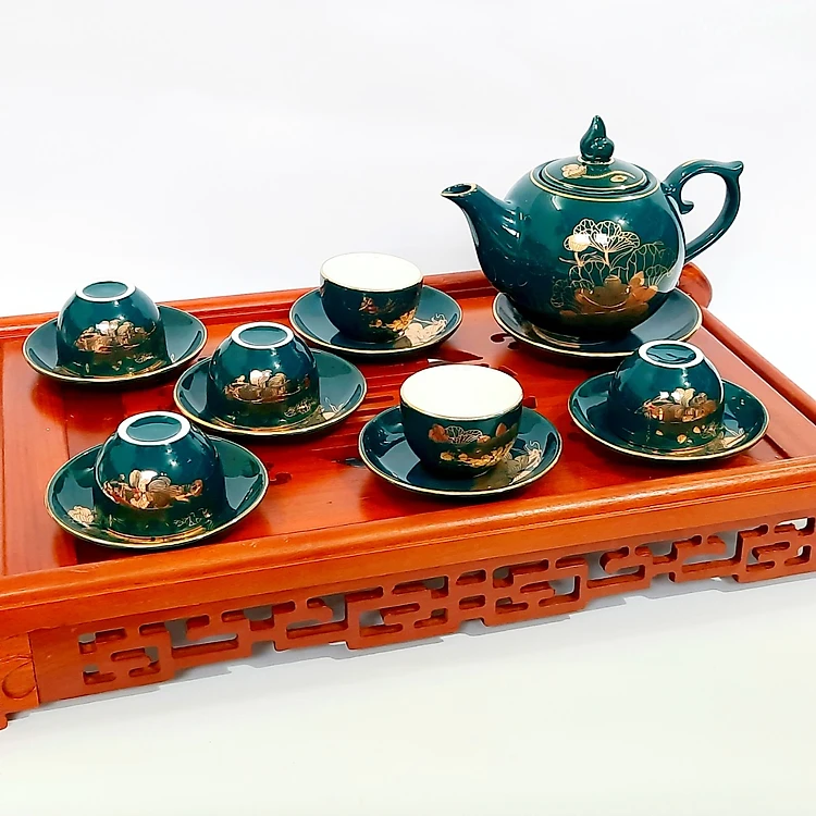 High-class Bat Trang tea set, Arctic blue, lotus pattern, painted with 24k gold