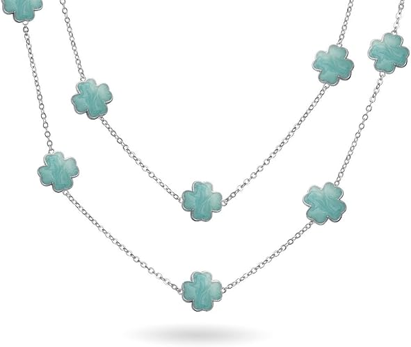 White Pink Aqua Blue Black Enamel Flower Long Silver Or Gold Plated Pearlized Enamel Station Chain Wrap Layer Clover Necklace for Women