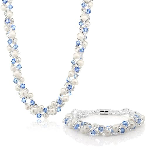 Gem Stone King 17 Inch White Cultured Freshwater Pearl and Blue Crystal Mash Necklace and Bracelet Set for Women