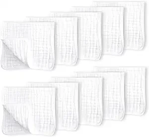 CottCare 10 Pack Muslin Burp Cloths for Unisex Baby 100% Cotton Large 20''X10'' Thicken Super Soft and Absorbent (White)