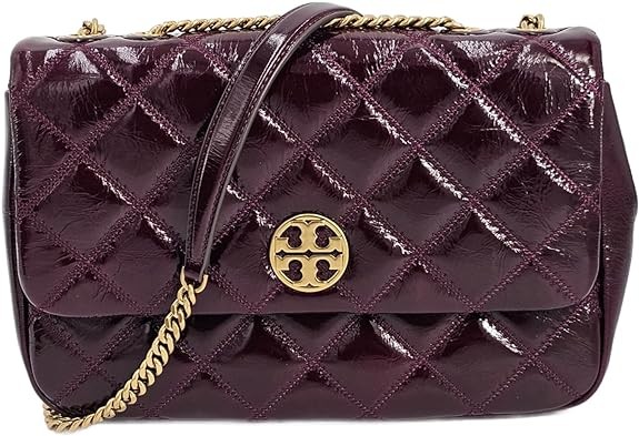 Tory Burch 152050 Willa Shine Maroon Purple With Gold Hardware Leather Women's Shoulder Bag