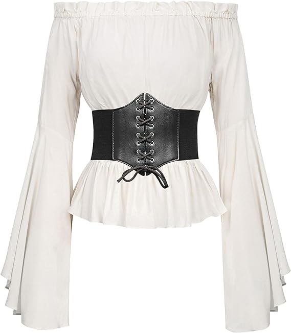 Wolasia Womens Renaissance Tops Medieval Victorian Off Shoulder Long Sleeve Pirate Blouse Shirts Costumes with Corset Belt