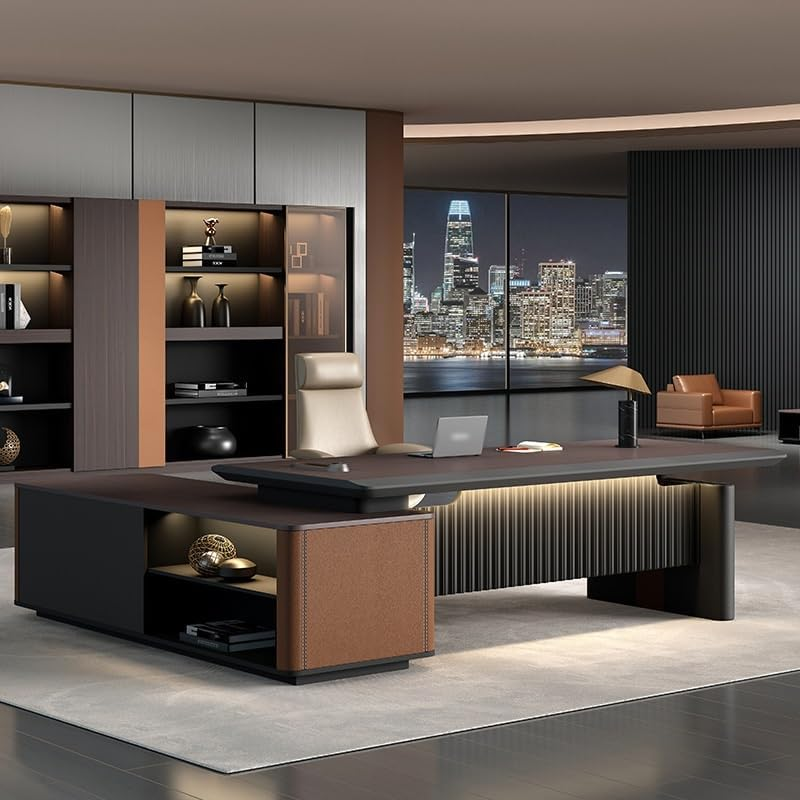 Modern Luxury L-Shape Executive Desk with Light Strip, Large Business L Shaped Office Desk Furniture, Computer Desks Workstation with Shelves and Storage Cabinet for Home Office(102in)