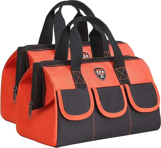 FASITE 12 in small tool bags for men, waterproof tool tote tool bags for electricians, canvas tool bag with wide mouth tool bag(2Pack)