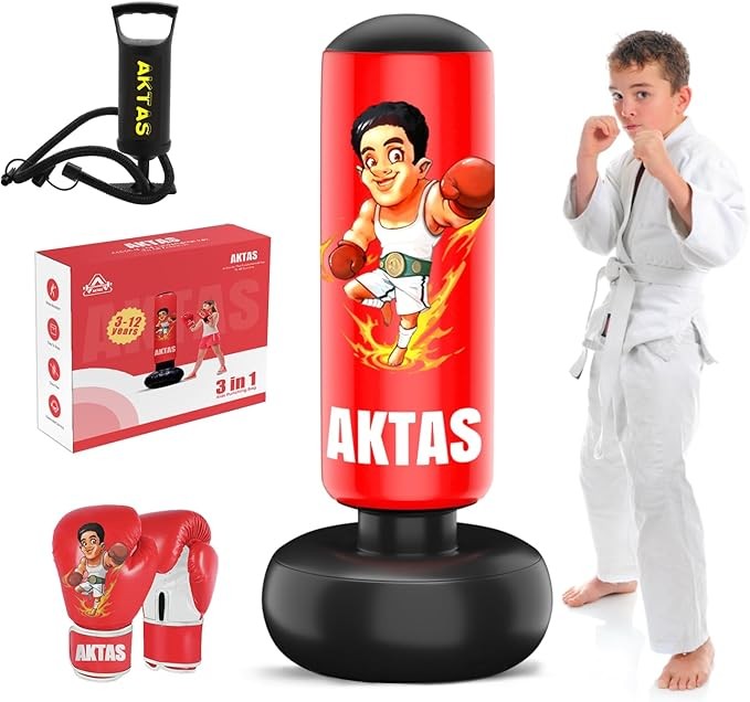 Punching Bag for Kids,Inflatable Punching Bag,Kids Punching Bag for 3-8 Years,Boxing Bag for Practicing Karate Taekwondo and MMA Free Boxing Gloves and Inflation Pump,Black
