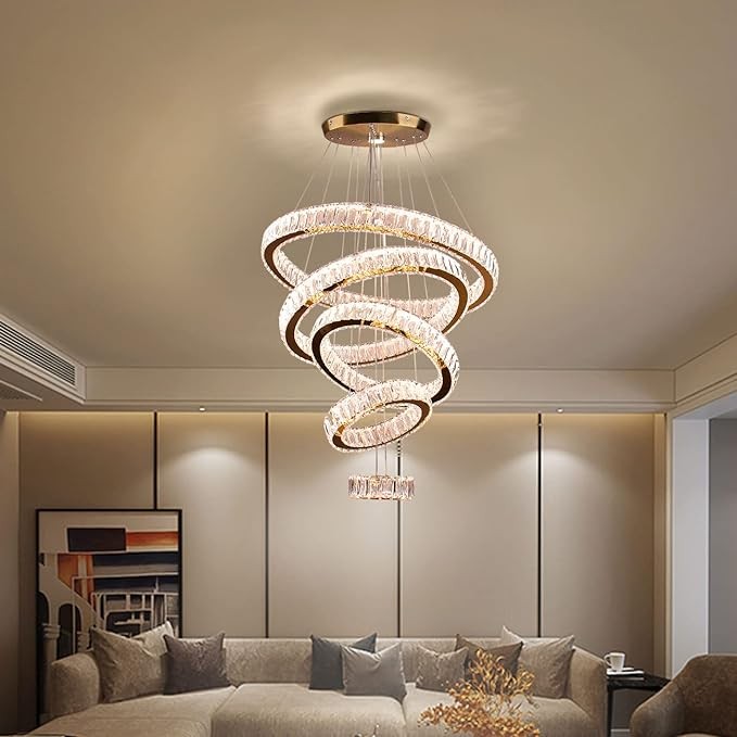 Dixun LED Large Crystal Chandelier Modern 5 Ring Chandelier Adjustable Ceiling Light for Bedroom Dining Room Kitchen (Warm White)