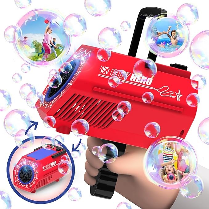 Bubble Machine Automatic Bubble Blower, 2 in 1 Bubble Gun Toys for Kids Ages 3 and Up, Operated by Plug-in or Rechargeable Battery, Bubble Maker for Boys Girls Indoor Outdoor Birthday Party, Red