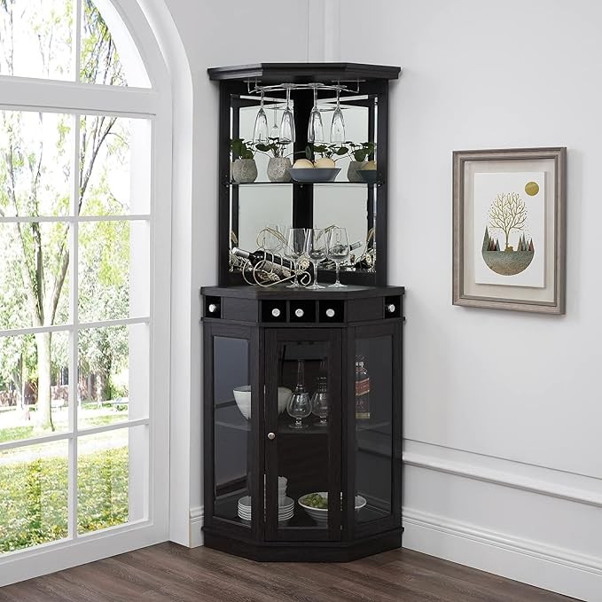Home Source Corner Bar Unit 73" Charcoal with Two Glass Shelves, Built-in Wine Rack, | Storage | Living Room, Home Office, Kitchen, Small Space (Charcoal/Black, 73" corner bar)