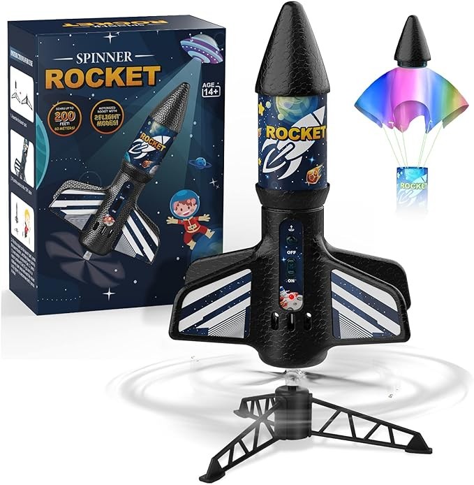 Rocket Launcher for Kids, Self-Launching Motorized Air Rocket Toy, Outdoor Toys for Ages 8-12, Model Rockets with Parachute Safely Land, Launch up to 200 ft Birthday Gifts for Boys