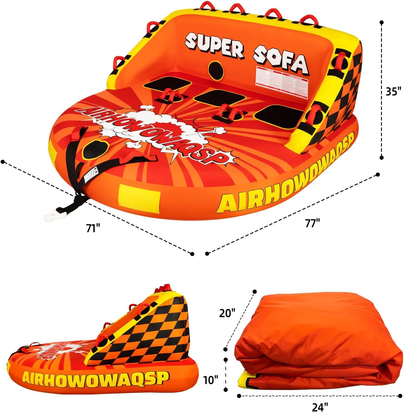 Super sofa tow tube suitable for boating 1-3 people, boat tube, inflatable boat/boat tube/water tube, front and rear towing points with heavy duty thick nylon sleeves, suitable for water sports